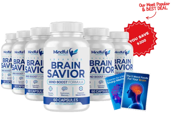 Brain Savior six bottles bundle image with bonus ebooks "3 Hacks for Sharp Memory" and "5 Worst Foods for Your Brain"