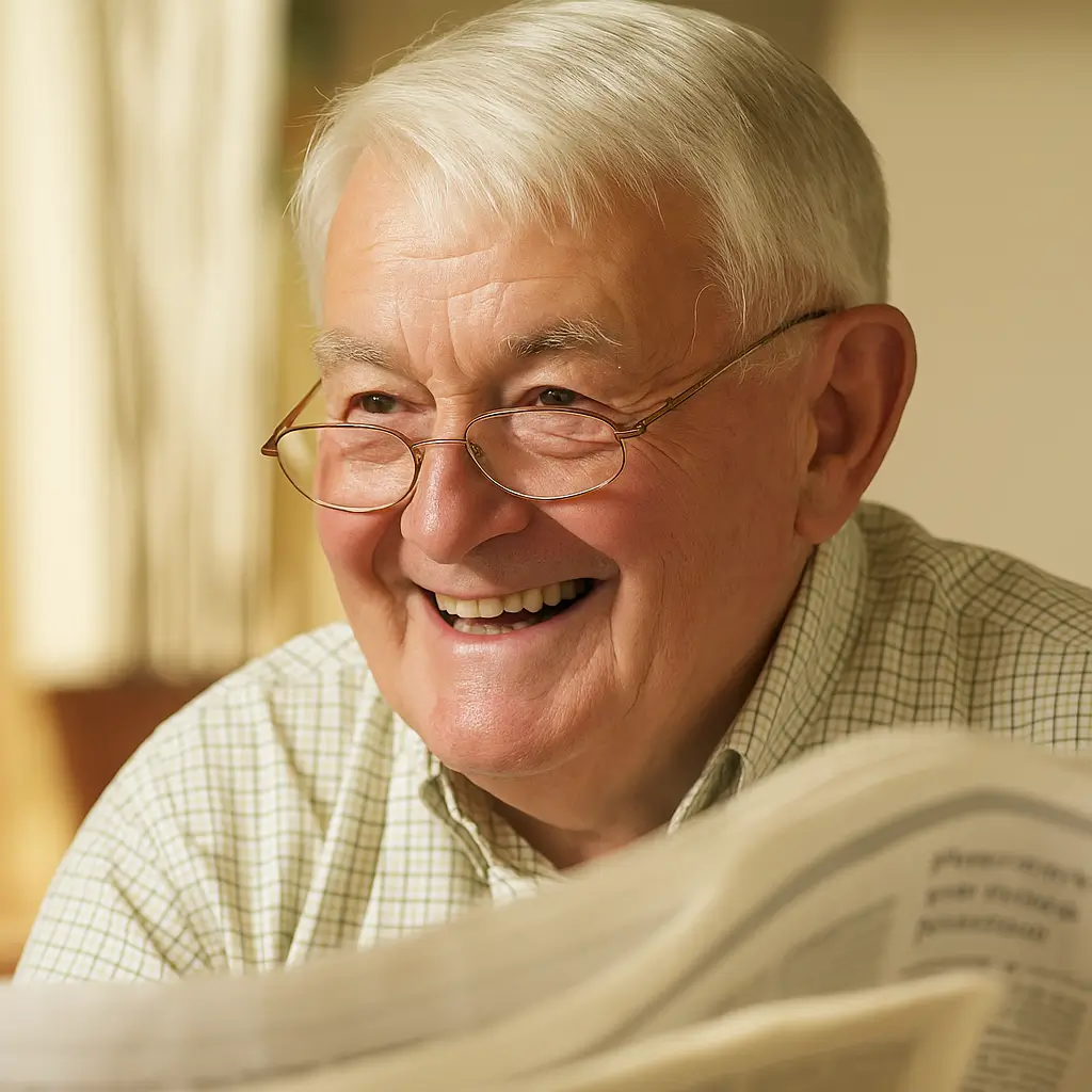 Testimonial image of Mark Wilson, 81, from Reno, Nevada, USA, smiling while reading a newspaper